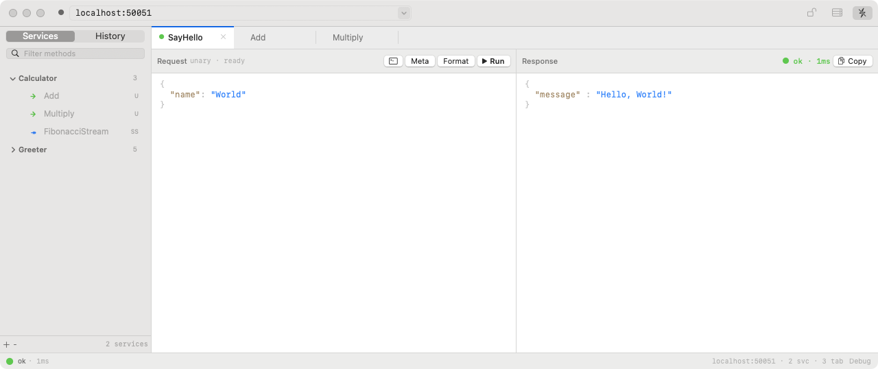 The istek window: an address bar reading localhost:50051, a service tree, three open method tabs, and a unary call — the request pane holding the JSON name World, the response pane the reply Hello, World!, and the header reading ok at one millisecond.
