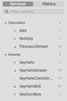 The service tree with both services expanded: every method carries the arrow for its wire shape, so unary, server stream, client stream and bidirectional are told apart before any of them is opened.
